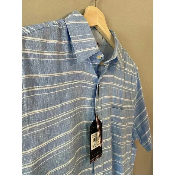 Ben Sherman Mens Sky Blue Striped Linen Rayon Blend S Button Shirt NWT S $89 - Picture 3 of 7